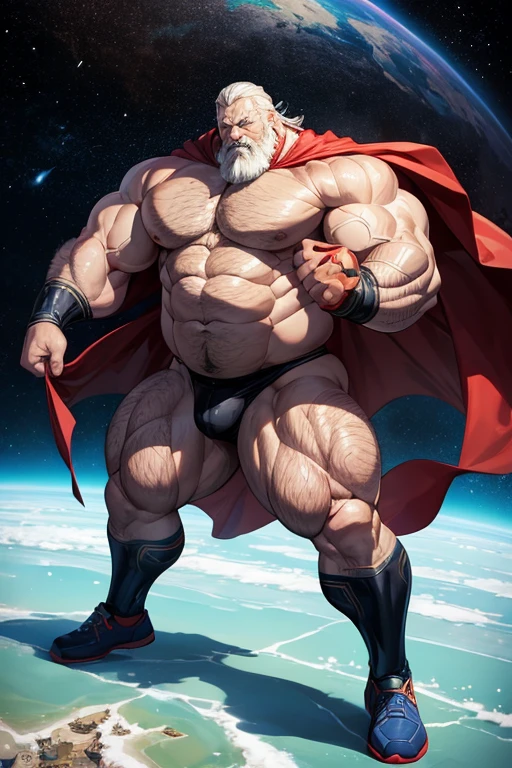  angry old swedish superhero very long gray hair super heavy bodybuilder flexing his muscles A full body obese bodybuilder with a very sweaty body An extremely muscular and extremely fat old man over 70 years old weighing over 600 pounds Very muscular and very hairy with big sagging pectorals with dark nipples and floating gynecomastia I walk in outer space with a nebula in the background wearing a very tight blue latex suit with a red cape 
