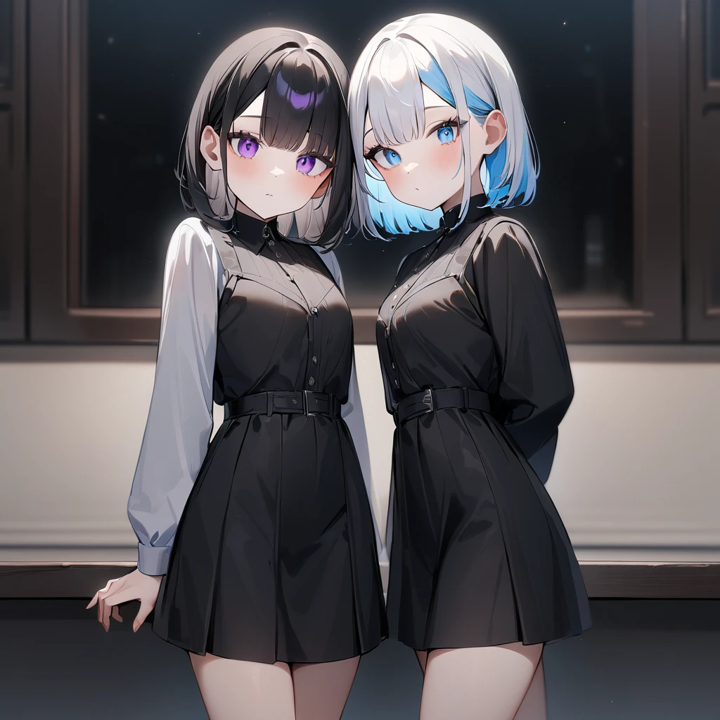 {{2girls}},masterpiece,best quality,very aesthetic,absurdres,cowboy shot,lightcolor,darkcolor,light hair,dark hair,White hair,light blue hair,light blue eyes,Lovely,🏩,translucent hair,dark purple eyes,headless,(black hair,one eyes)