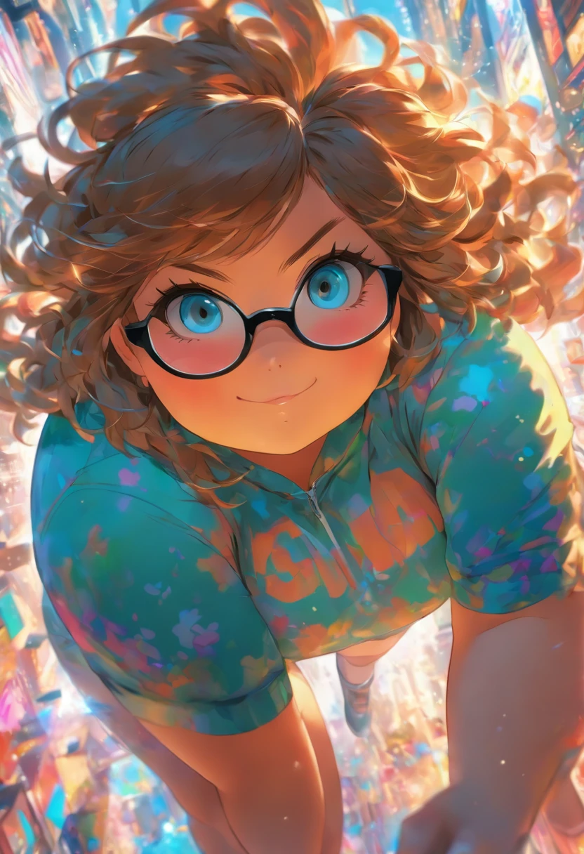 Fat girl, glasses, blue eyes, Brown short hair, colorfull