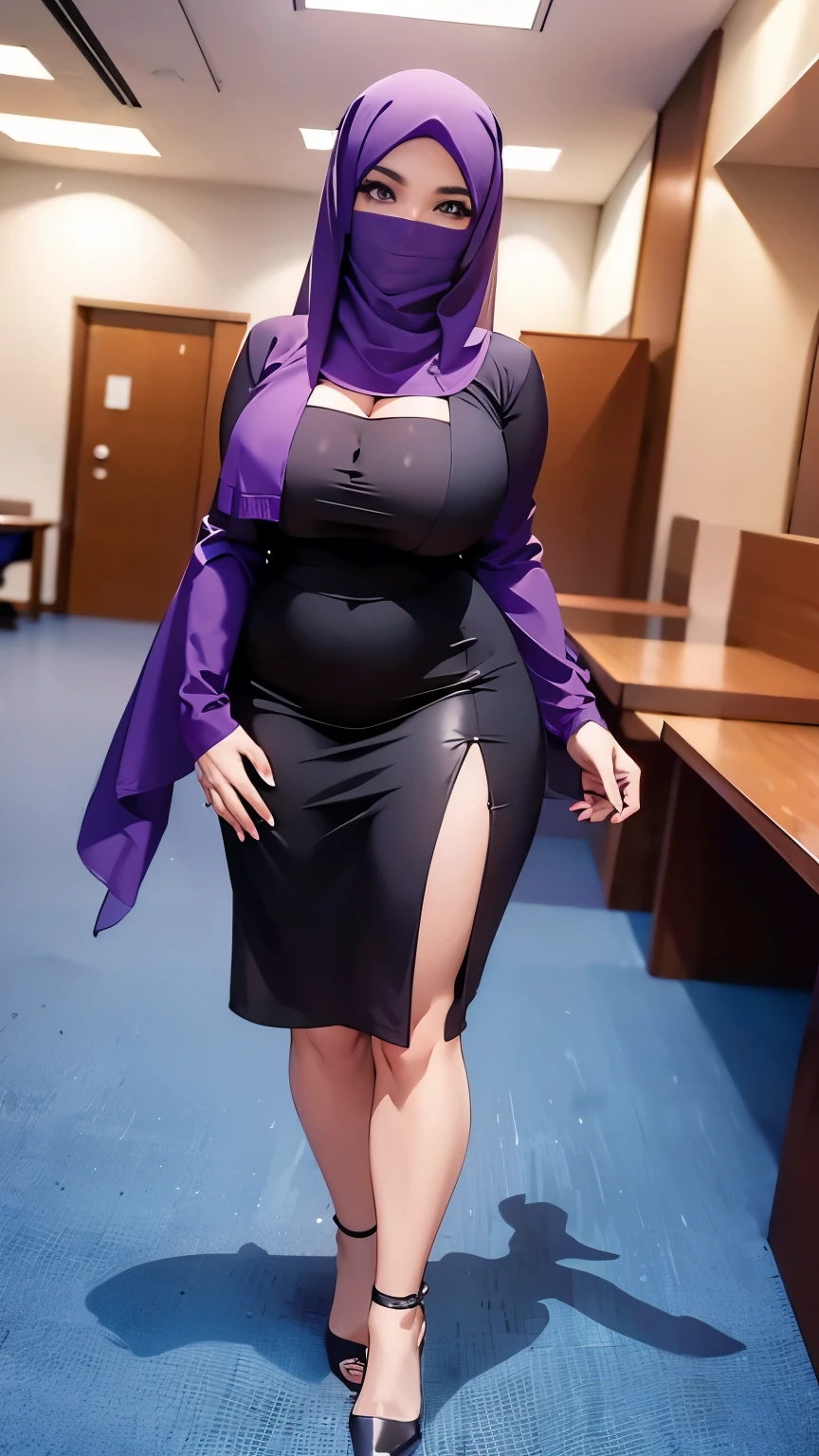 A busty hijabi girl, Arabic ethnicity, brown skin, Muslim, mature woman, wearing a secretary outfit, purple open shirt, black jacket, mini skirt, brow stocking, a black high heel, silk headscarf, big natural breasts, nice rounded ass, cleavage, sexy, thick hips, beautiful feet, smiling at the viewer, top view, in a corporate environment, taking a picture in reunion room, pc wallpaper, 8k, 4k, wallpaper, full body shot, subject in the middle of the frame
