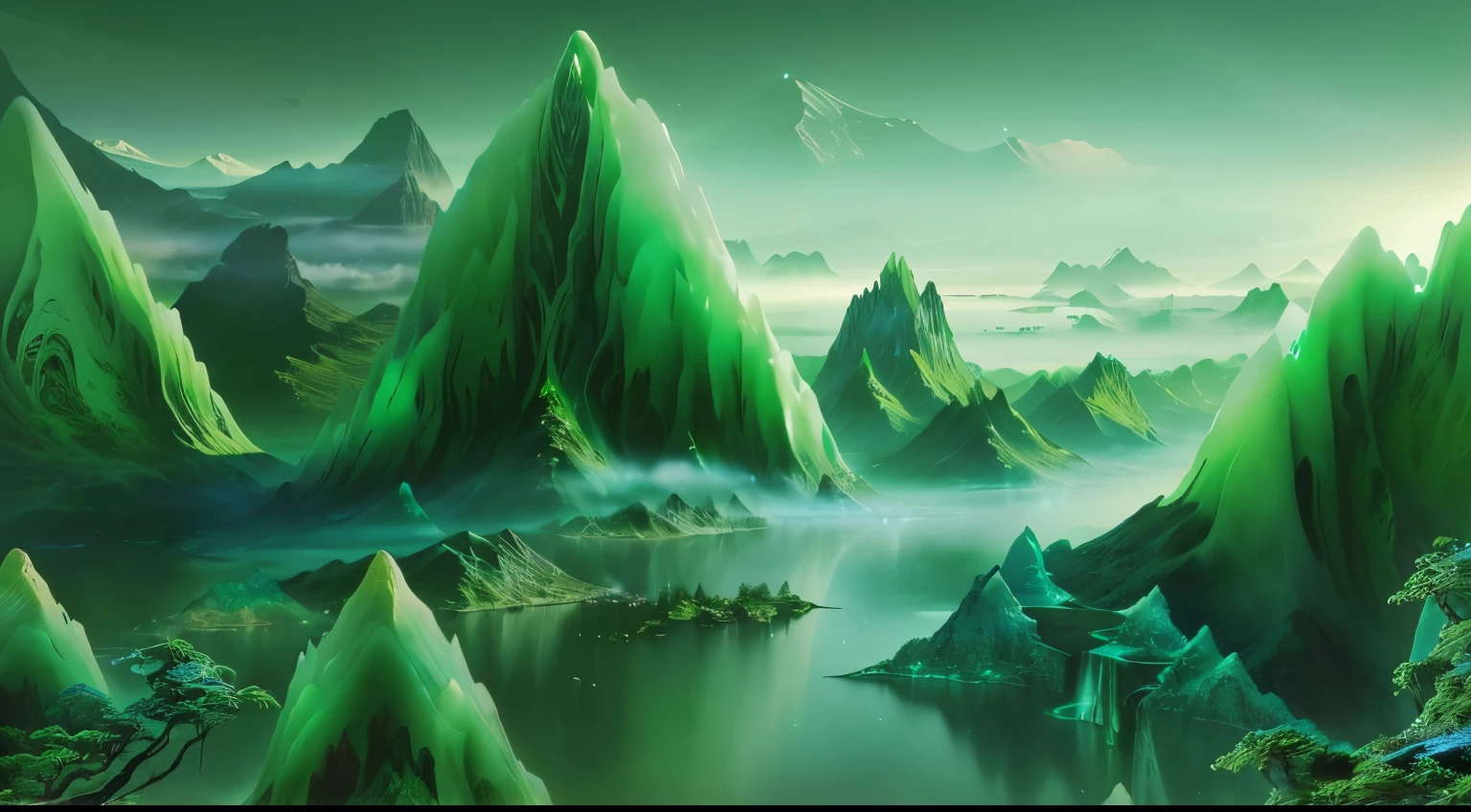 There is a painting of a mountain scene and a lake scene, lush Alien Landscape, Alien Mountains, Matte Digital, Floating mountains, fractal landscape, Organic matte topcoat, Future Landscape, Alien Landscape, Digital Landscape Art, Avatar Landscape, Luminous matte painting, rich diverse lush alien world, Green Ocean, beautiful Alien Landscape, Glossy Digital, Matte Fantasy Painting,there is a man sitting on a bench on avatar landscape, fantasy matte painting,cute, extravagant matte painting, illustration matte painting, 3 d render and matte painting, made of tree and fantasy valley, exquisite matte painting, 3d matte painting, epic matte painting of an island, matte painting in fantasy style, fantasy matte painting