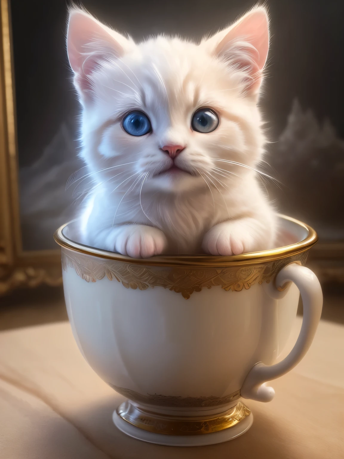 (highest quality,4K,8k,High resolution,masterpiece:1.2),Super detailed,(Realistic,Realistic,Photorealistic:1.37),Sculpture:1.37,Northern,South,Multiverse,Diverse landscapes,Natural Beauty,Ceramic craftsmanship,Glassy Surfaces,Cute tea cup((White mixed breed kitten))、Ringing、Flickering flames,Art Gallery