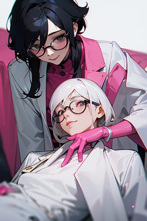 A mature female doctor with black hair and glasses wearing a white coat and pink rubber gloves massaging a female patient with a gentle smile