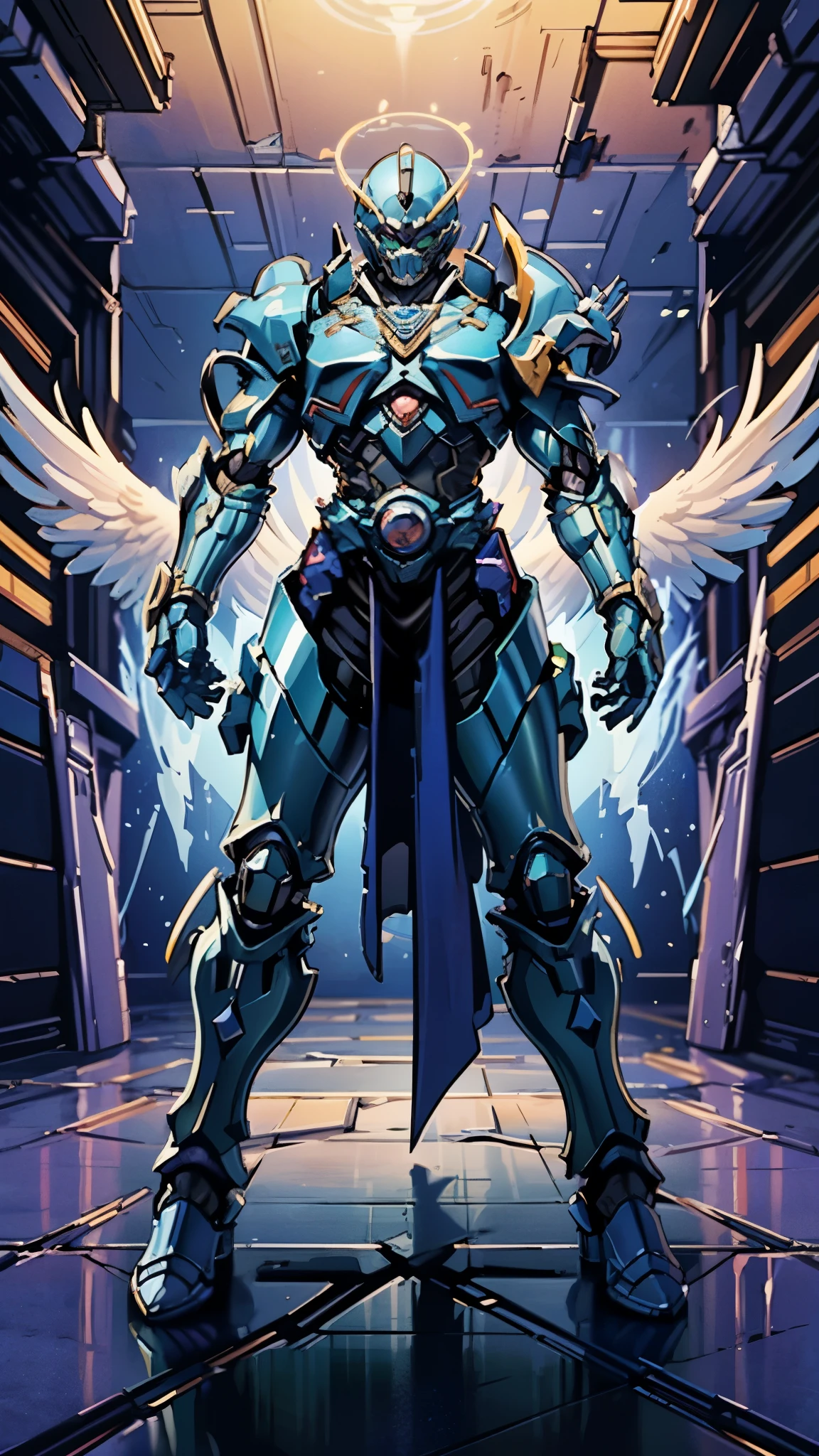 A man wearing a full-face helmet, a fantasy-style biotech armored combat suit, green eyes, (a composite layered chest armor), fully enclosed shoulder guards, matching arm and leg guards, the belt is adorned with Halo, (the color scheme is primarily white with red and blue accents), the design balances heavy with agility, a high-tech bio-mecha armor, (Armor Concept Inspired by Angel, stand on the top of a skyscraper in a futuristic sci-fi city), this character embodies a finely crafted fantasy-surreal style armored hero in anime style, exquisite and mature manga art style, (battle damage, element, plasma, energy, the armor glows), ((male:1.5)), metallic, real texture material, dramatic, high definition, best quality, highres, ultra-detailed, ultra-fine painting, extremely delicate, professional, perfect body proportions, golden ratio, anatomically correct, symmetrical face, extremely detailed eyes and face, high quality eyes, creativity, RAW photo, UHD, 32k, Natural light, cinematic lighting, masterpiece-anatomy-perfect, masterpiece:1.5