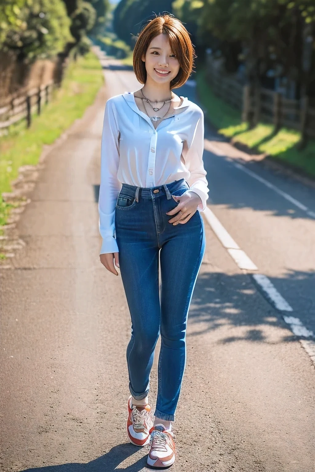 ((18 year old girl))、(highest quality、Tabletop、8k、Best image quality、Award-winning works)、1. Beautiful 、(Polyester collared long sleeve shirt:1.1)、(Slim denim:1.5)、(Standing Elegantly:1.1)、(Full body photo from head to foot:1.5)、(Long legs:1.3)、The most detailed and perfect face、Realistic, ((Realistic natural orange red hairstyle, Realistic blue eyes)), ( Short Bob Hair:1.5), (necklace:1.5)、(Bare feet and sneakers:1.2)、Big Breasts、Accentuate your body lines、(Look at me with your best smile:1.5)、Rural mountain surrounded by strongly blurred nature々Background of a narrow school road、Brightly lit face、Ultra-high definition beauty face、Ultra high resolution perfect beautiful teeth、Ultra HD Hair、(Beautiful skin that stands out in ultra-high resolution:1.1)、Ultra-high quality glossy lips、(very bright and vivid:1.1)、(Accurate anatomy:1.1)
