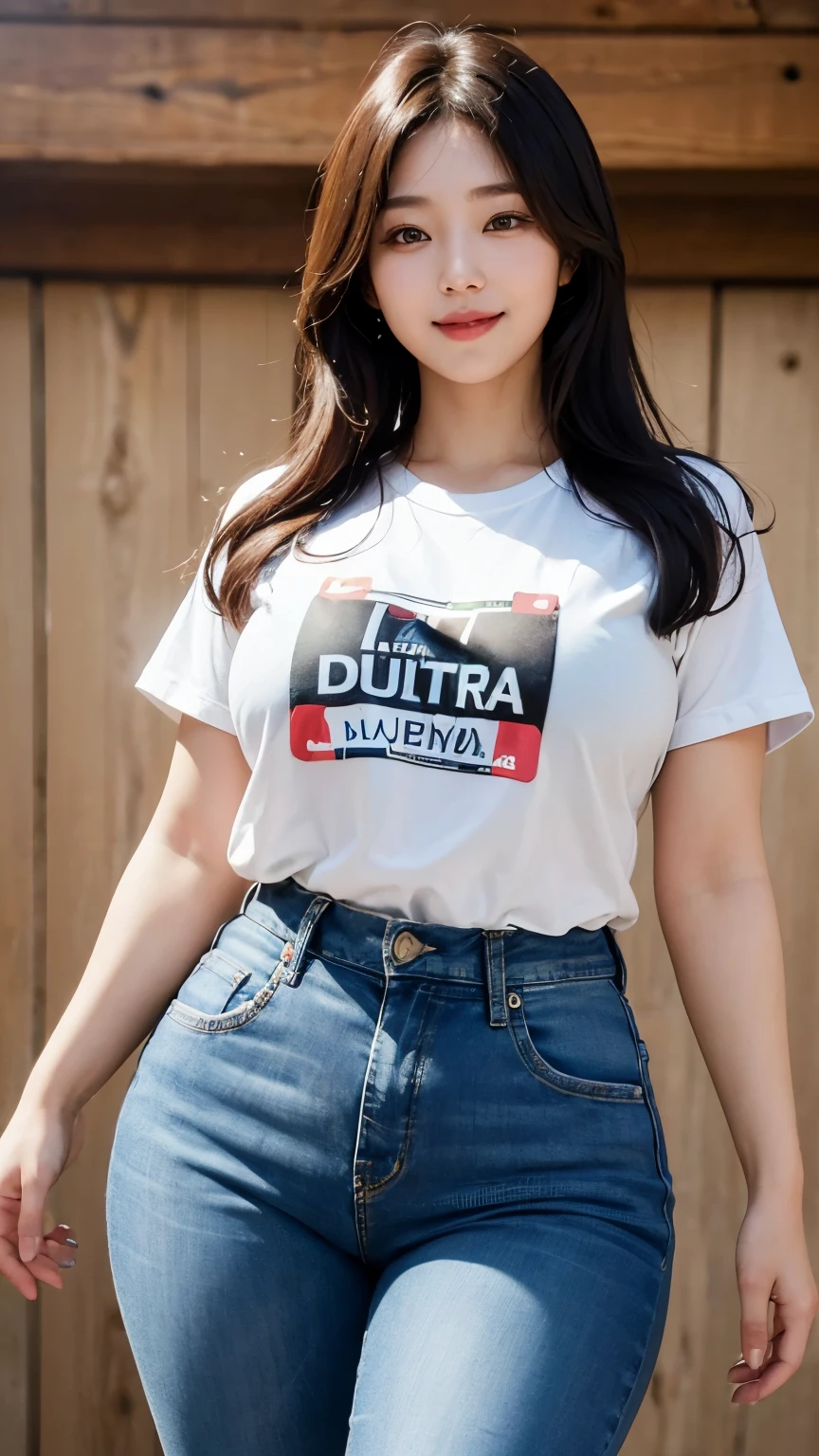 (ultra high definition, 8K, masterpiece: 1.3), Korean woman, fat, obesity, Thick thighs, beautiful, t-shirt,  jeans, smile