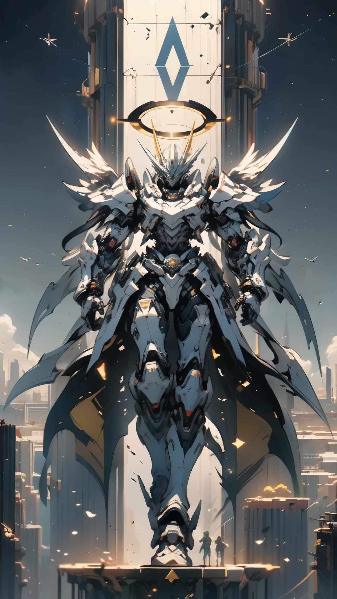 A man wearing a full-face helmet, a fantasy-style biotech armored combat suit, green eyes, (a composite layered chest armor), fully enclosed shoulder guards, matching arm and leg guards, the belt is adorned with Halo, (the color scheme is primarily white with red and blue accents), the design balances heavy with agility, a high-tech bio-mecha armor, (Armor Concept Inspired by Angel, stand on the top of a skyscraper in a futuristic sci-fi city), this character embodies a finely crafted fantasy-surreal style armored hero in anime style, exquisite and mature manga art style, (battle damage, element, plasma, energy, the armor glows), ((male:1.5)), metallic, real texture material, dramatic, high definition, best quality, highres, ultra-detailed, ultra-fine painting, extremely delicate, professional, perfect body proportions, golden ratio, anatomically correct, symmetrical face, extremely detailed eyes and face, high quality eyes, creativity, RAW photo, UHD, 32k, Natural light, cinematic lighting, masterpiece-anatomy-perfect, masterpiece:1.5