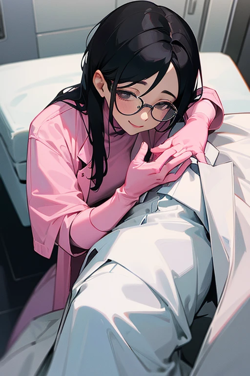 A mature female doctor with black hair and glasses wearing a white coat and pink rubber gloves massaging a female patient with a gentle smile