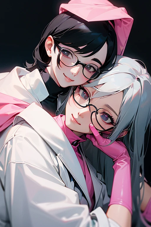 A mature female doctor with black hair and glasses wearing a white coat and pink rubber gloves massaging a female patient with a gentle smile