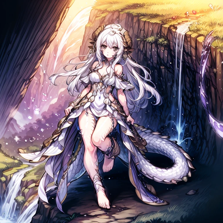 (masterpiece), best quality, highly detailed, (1dragon girl) , detailed beautiful face and eyes, , (a dragon girl with a scaly tails and and limbs), beautiful detailed eyes, white dress, long hair, off-shoulder dress, barefoot, seductive_smile, holding scepter, (circlet), magic light, dragonian_head, dragonian_horns, dragonian_hairstyle, dragonian_body, ridge, waterfall