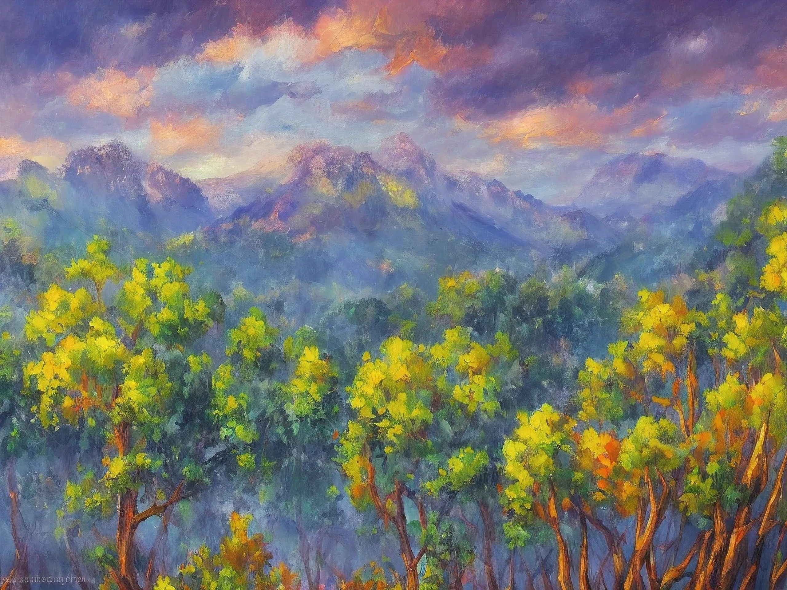 ((Claude Monets style)) ((oil painting in impressionism style)) : Create a rugged landscape of valleys and mountains., Shrouded in thick fog, Less sunlight, Has twisted trees and thick trunks, The undergrowth resembles grass and grass, In a hyperrealistic landscape, In photorealistic colors, 4k, Cinema lighting, natural light, Attention to detail, , volumetric lighting and shading, 4k HD matte digital painting, Stunning 8K images