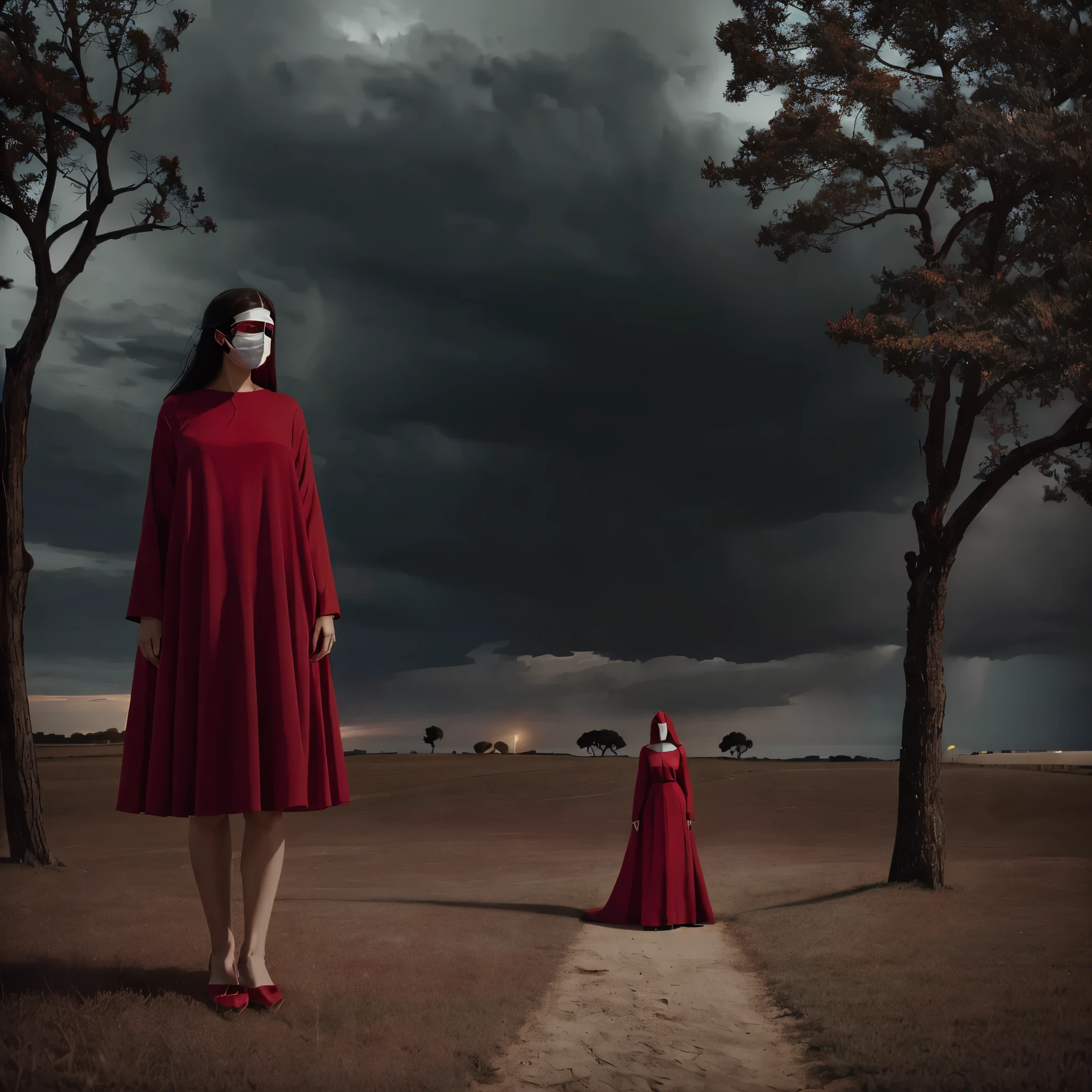 noell oszvald in red with mask face stand under lamp tree, front of curves cobalt, storm coming, minimalism and clean, dark cinematic lighting, glowing light, masterpiece, ccurate, anatomically correct, textured skin, super detail, high details, award winning, 8k