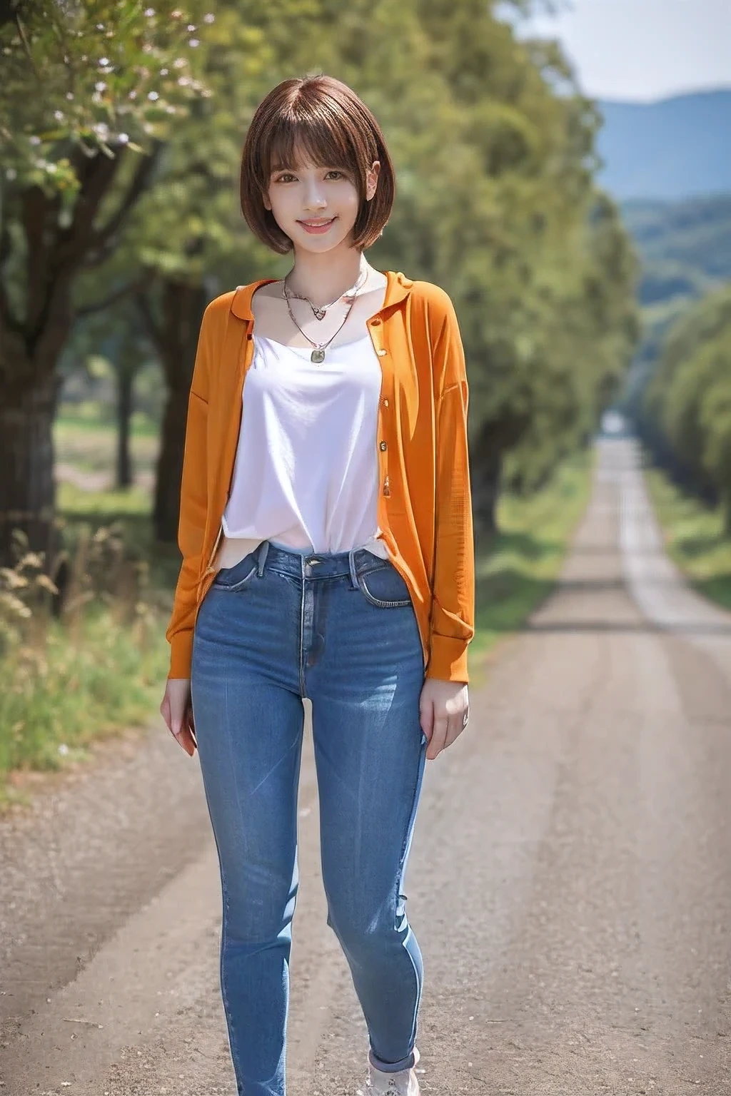 ((18 year old girl))、(highest quality、Tabletop、8k、Best image quality、Award-winning works)、1. Beautiful 、(Polyester collared long sleeve shirt:1.1)、(Red ribbon on the chest:1.1)、(Slim denim:1.5)、(Standing Elegantly:1.1)、(Full body photo from head to foot:1.5)、(Long legs:1.3)、The most detailed and perfect face、Realistic, ((Realistic natural orange red hairstyle, Realistic blue eyes)), ( Short Bob Hair:1.5), (necklace:1.5)、(Bare feet and sneakers:1.2)、Big Breasts、Accentuate your body lines、(A kind smile:1.5)、Rural mountain surrounded by strongly blurred nature々Background of a narrow school road、Brightly lit face、Ultra-high definition beauty face、Ultra high resolution perfect beautiful teeth、Ultra HD Hair、(Beautiful skin that stands out in ultra-high resolution:1.1)、Ultra-high quality glossy lips、(very bright and vivid:1.1)、(Accurate anatomy:1.1)