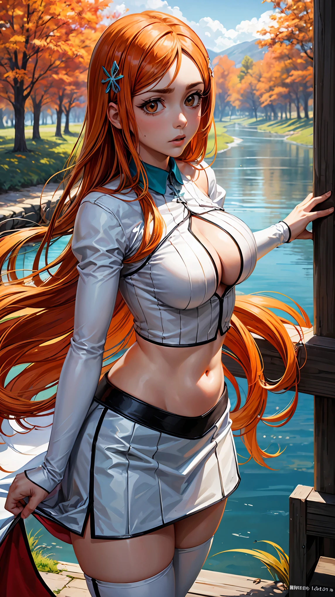 (masterpiece), best quality, expressive eyes, perfect face, serious, (cowboy shot), front view, brown eyes, orange hair, long hair, forest, fall, lake, sky, orihimedef, hair ornament, center opening, white dress, skirt, orihimedress, long sleeves, navel, midriff, detached sleeves