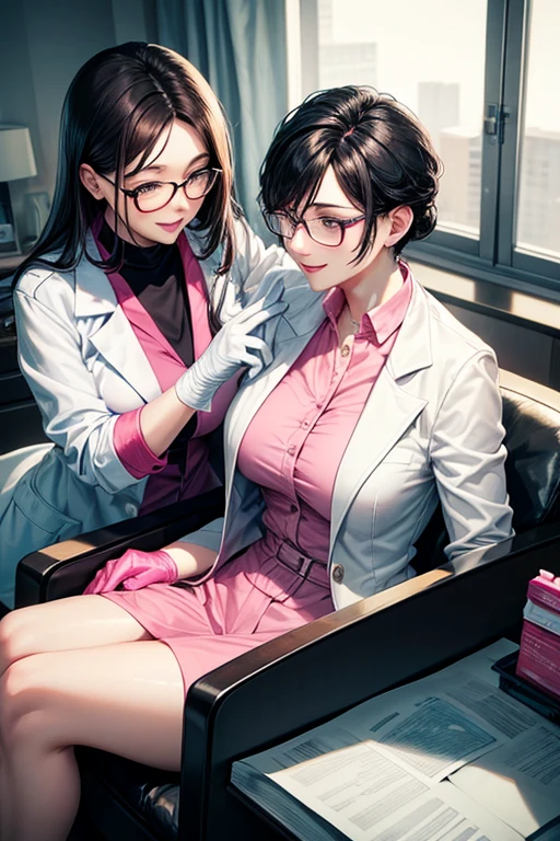 A mature female doctor with black hair and glasses wearing a white coat and pink rubber gloves massaging a female patient with a gentle smile