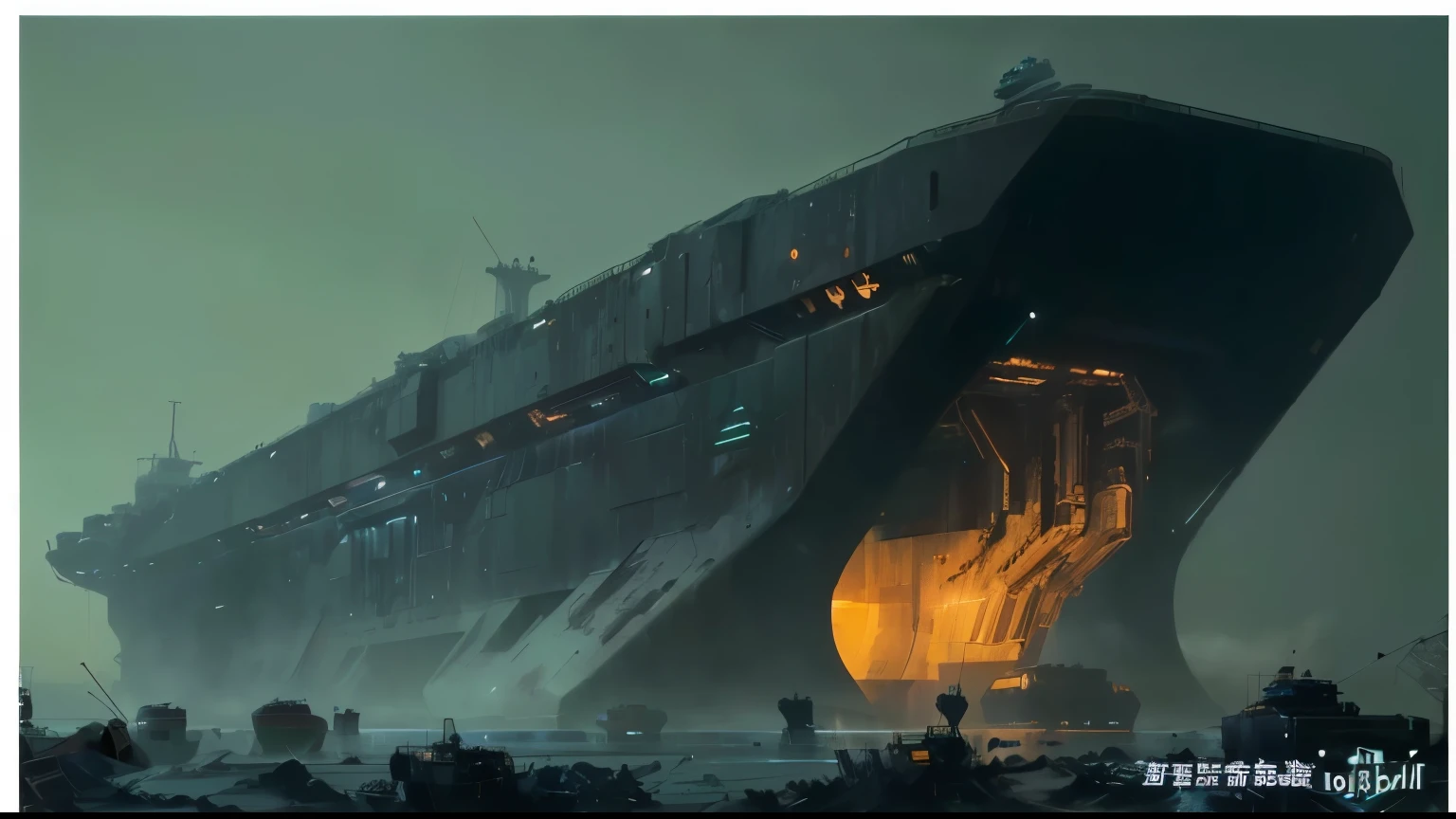 a large ship is floating in the water with people standing around it, stefan koidl inspired, detailed sci-fi art, derelict space ship, sci fi artwork, sci fi concept art, sci - fi concept art, sci-fi concept art, sci fi digital painting, sci-fi digital painting, scifi concept art, sci-fi artwork