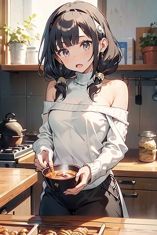 masterpiece, yor, 1girl, Bust A Cup, Amazing Cleavage:1.0, thin waist, big ass, Raised sexy, small breast: 1.2 posed cleavage:1.2、solo, looking at viewer, open mouth, have a cute grass of cute beergrass,black hair, red eyes, dress, bare shoulders, jewelry, collarbone, sidelocks, hairband, earrings, indoors, off shoulder, :o, sweater, arms behind back, plant, short hair with long locks, white hairband, off-shoulder dress, sweater dress, off-shoulder sweater, red sweater, big side hair, very long side hair,is rendered in (masterpiece: 1.2, best quality), with (ultra high resolution) and an exquisite (depth of field). This masterpiece is not only visually stunning but also tells,A scene of cooking in the kitchen
