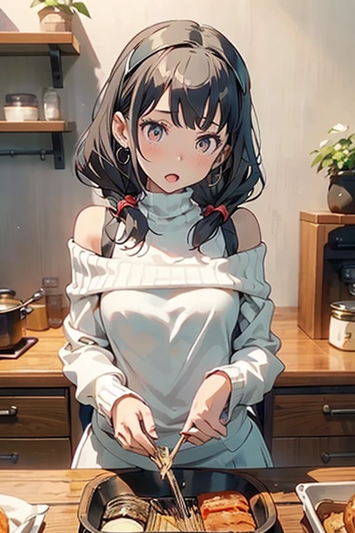 masterpiece, yor, 1girl, Bust A Cup, Amazing Cleavage:1.0, thin waist, big ass, Raised sexy, small breast: 1.2 posed cleavage:1.2、solo, looking at viewer, open mouth, have a cute grass of cute beergrass,black hair, red eyes, dress, bare shoulders, jewelry, collarbone, sidelocks, hairband, earrings, indoors, off shoulder, :o, sweater, arms behind back, plant, short hair with long locks, white hairband, off-shoulder dress, sweater dress, off-shoulder sweater, red sweater, big side hair, very long side hair,is rendered in (masterpiece: 1.2, best quality), with (ultra high resolution) and an exquisite (depth of field). This masterpiece is not only visually stunning but also tells,A scene of cooking in the kitchen