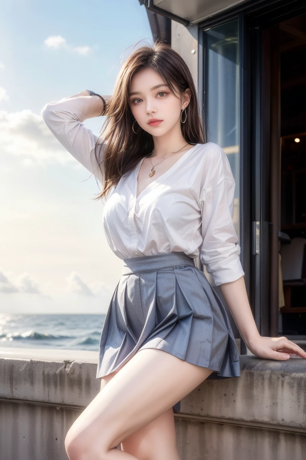 (highest quality, High resolution, masterpiece :1.3), (Shooting from below), Beautiful girl, Orange sunset sky, Sun and clouds with ocean in the background, Cute girl in . Short Bob. Short pleated skirt, Blushing, looking at the camera, Dynamic photography,Intelligent face,Bold Pose.Sitting on the embankment,arms up behind,Large firm breasts,necklace,Earrings,Pink lipstick