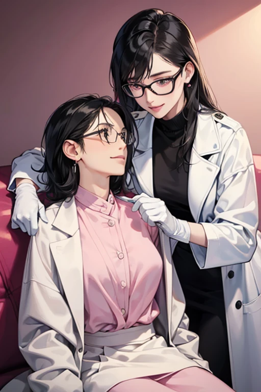 A mature female doctor with black hair and glasses wearing a white coat and pink rubber gloves massaging a female patient with a gentle smile