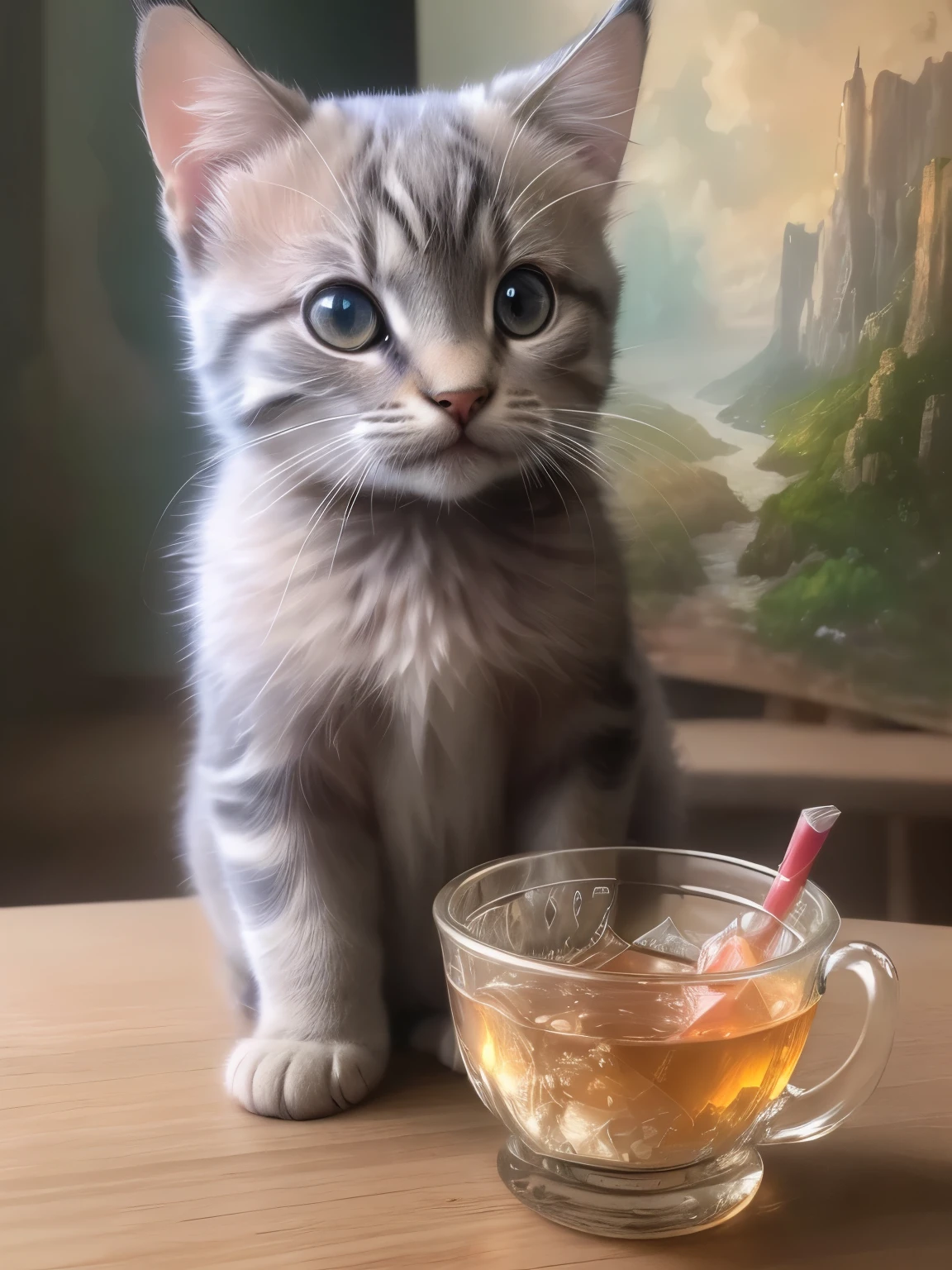 (highest quality,4K,8k,High resolution,masterpiece:1.2),Super detailed,(Realistic,Realistic,Photorealistic:1.37),Glass,Northern,South,Multiverse,Diverse landscapes,Natural Beauty,Glass職人技,Glass表面,Cute Teacup Mixed Breed Grey Kitten,Art Gallery、The cup is empty、Little kitten