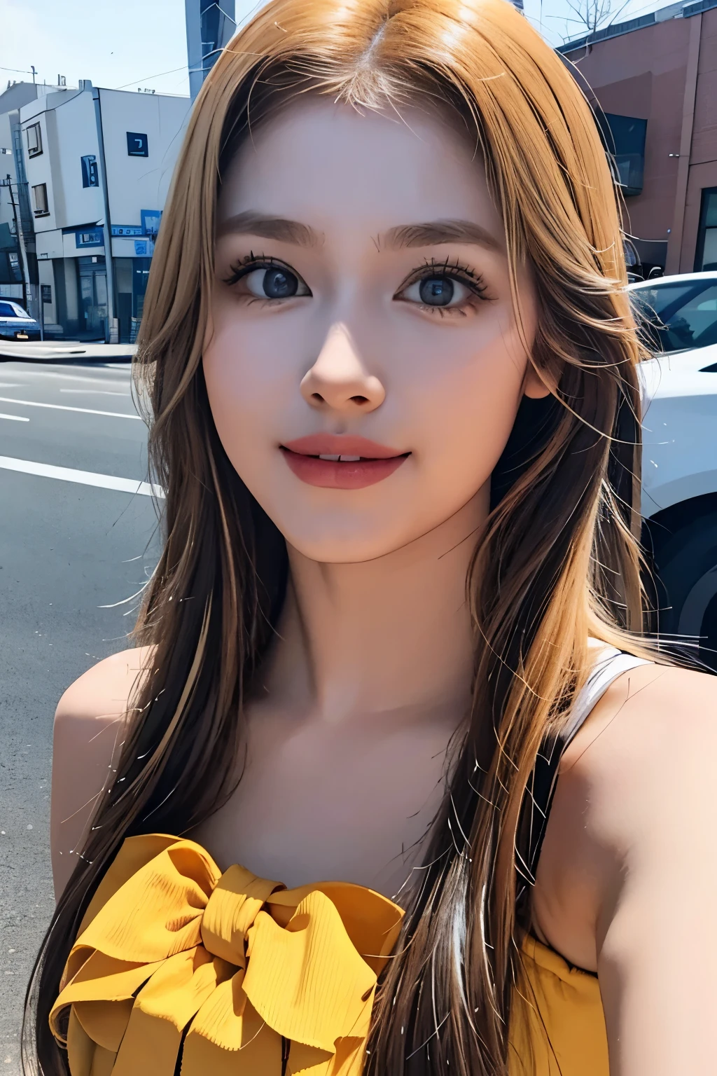 (beautiful detailed eyes,beautiful detailed lips,extremely detailed eyes and face,long eyelashes),(8K raw photo,highest quality:1.2),ultra-detailed,realistic,photo-realistic:1.37,Tokyo street,portrait,model shoot,yellow honey medium long blonde hair,cute smile,spring coordination,yellow tight miniskirt,normal high heels,vibrant colors,natural lighting