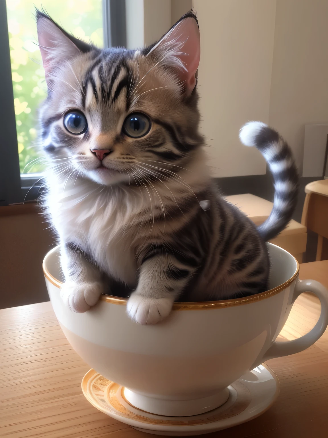 (highest quality,4K,8k,High resolution,masterpiece:1.2),Super detailed,(Realistic,Realistic,Photorealistic:1.37),Glass,Northern,South,Multiverse,Diverse landscapes,Natural Beauty,Glass職人技,Glass表面,Cute Teacup Mixed Breed Grey Kitten,Art Gallery、The cup is empty、Little kitten、Shake your head