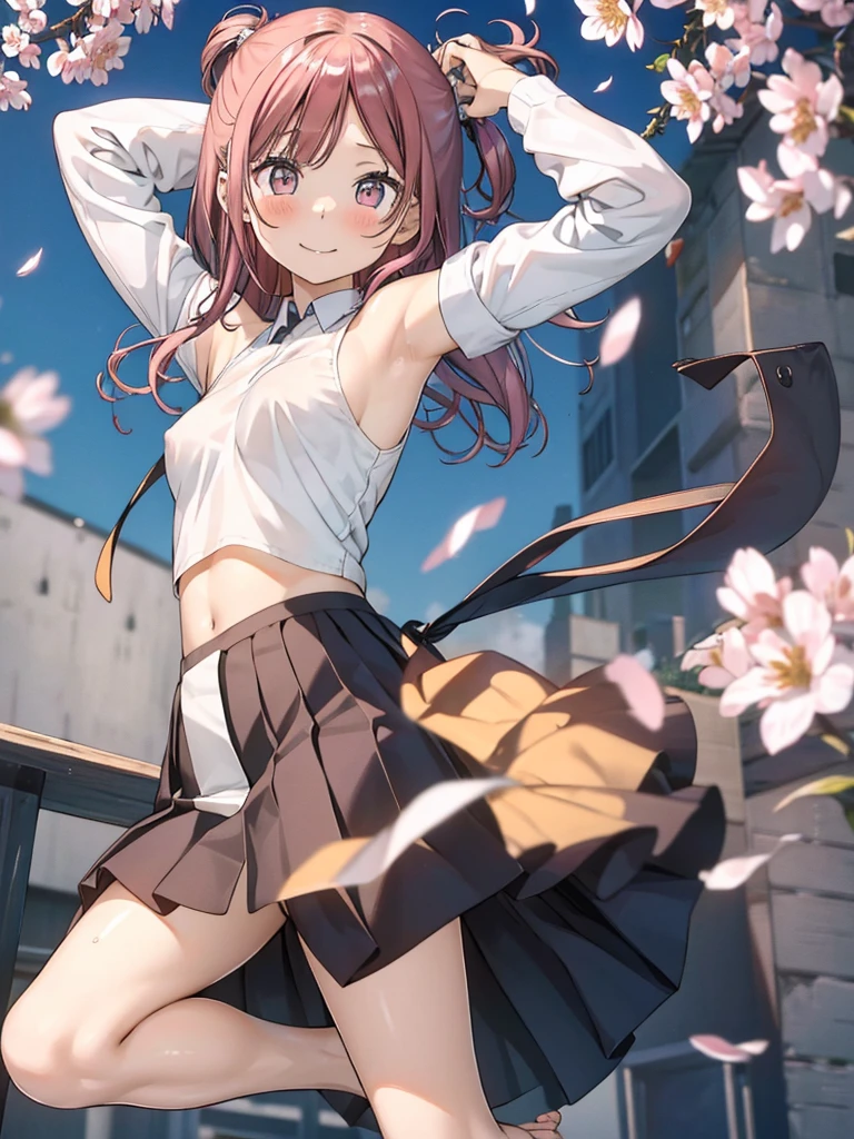 8K,1People Girls,highest quality,Shortcuts,Disheveled Hair,high school girl,(((Armpits are visible through the sleeves))),((Her pants are a little visible)),((nsfw)),((very cute)),background:School rooftop,The wind is blowing,Cherry blossoms are dancing,Her hair color is red as an inner color.,Smiling,uniform,The skirt is slightly turned up,barefoot