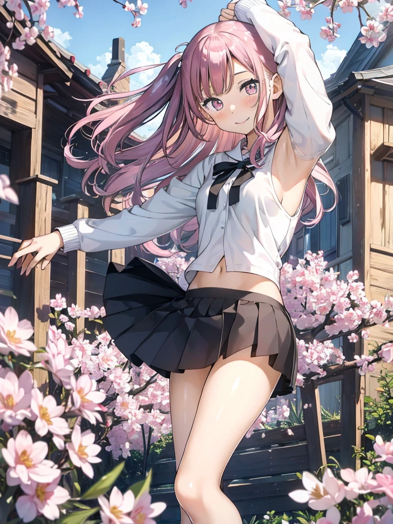 8K，１People Girls，highest quality，Shortcuts，Disheveled Hair，high school girl，(((Armpits are visible through the sleeves)))，((Her pants are a little visible))，((nsfw))，((very cute))，background:School rooftop，The wind is blowing，Cherry blossoms are dancing，Her hair color is red as an inner color.，Smiling，uniform，The skirt is slightly turned up，barefoot