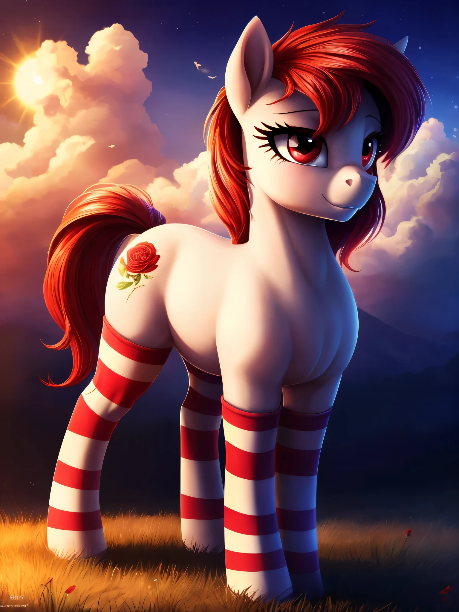 (best quality,4k,8k,highres,masterpiece:1.2), ultra-detailed,HDR,UHD,studio lighting,sharp focus,professional,vivid colors,bokeh, beautiful detailed eyes,detailed eyelashes,vivid eye colors,refined eye contours, (matte white body), (red eyes), (((my little pony))), (clouds field), (rose cutie mark), (((four legs))), standing, ((adult)), (((artiodactyl))), sun, (long hair:1.3), (((mare))), (red hair), ((striped stockings))