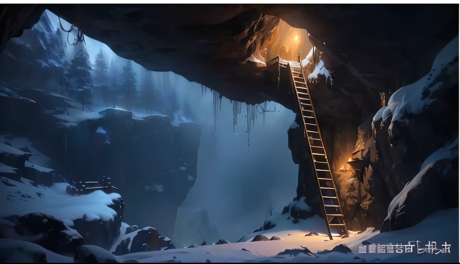 a close up of a ladder going up a snowy mountain, snow cave, winter concept art, highly realistic concept art, environment and concept art, environment painting, inspired by Michael Whelan, movie environment design, relaxing concept art, concept art painting, realistic fantasy painting, 8k resolution digital painting, 8 k resolution digital painting, cave, cave exploration, intricate matte painting
