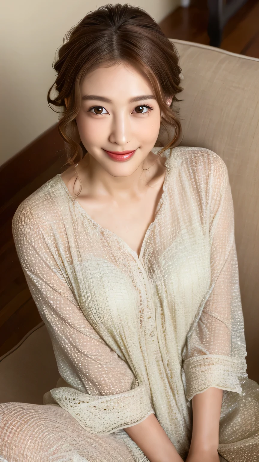 ((highest quality, 8k, masterpiece: 1.3)), 1 female, Japanese Idols,Sensual beauty: 1.3, (Hair style Brown hair Medium wave, big: 1.2), Nightwear: 1.1, Very friendly face, Delicate eyes, double eyelid, Dimples,Mole, Sit on the sofa,relax,smile,Plump body,Cowboy shot from above,