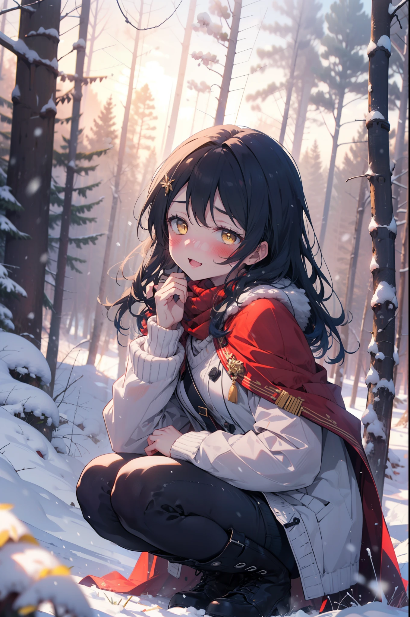 You are very kind, umi sonoda, Long Hair, Blue Hair, (Yellow Eyes:1.5) (Flat Chest:1.2),smile,blush,White Breath,
Open your mouth,snow,Ground bonfire, Outdoor, boots, snowing, From the side, wood, suitcase, Cape, Blurred, Increase your meals, forest, White handbag, nature,  Squat, Mouth closed, フードed Cape, winter, Written boundary depth, Black shoes, red Cape break looking at viewer, Upper Body, whole body, break Outdoor, forest, nature, break (masterpiece:1.2), highest quality, High resolution, unity 8k wallpaper, (shape:0.8), (Beautiful and beautiful eyes:1.6), Highly detailed face, Perfect lighting, Extremely detailed CG, (Perfect hands, Perfect Anatomy),