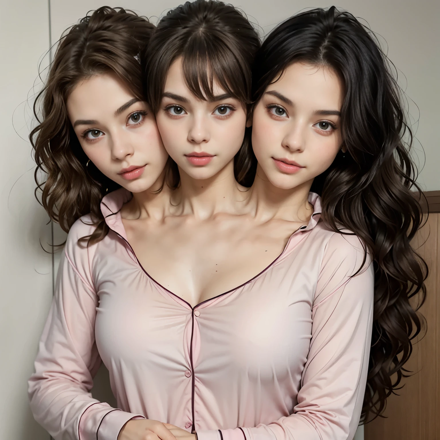 Sleeping girl, 22 years old, realistic, she is wearing pink long pajama, brown hair. (Two heads)