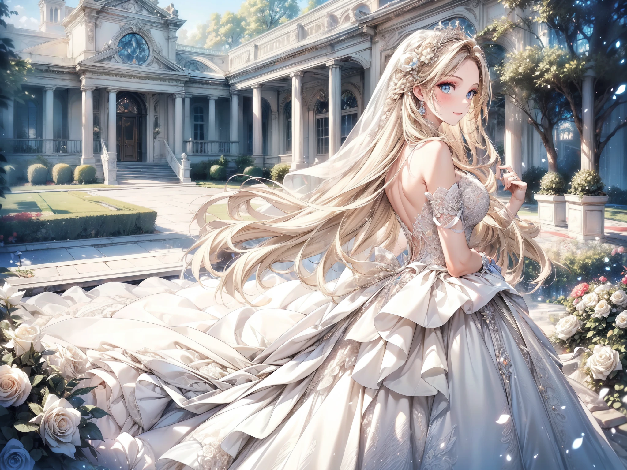 (masterpiece, best quality, beautiful and aesthetic:1.3), look back, side view, 1girl, solo, light smile, (makeup, long hair, light beige hair, blue eyes:1.2), bridal veil, lace-trimmed dress, see-through, wedding dress, outdoors, white roses, garden, morning, standing, extreme detailed,