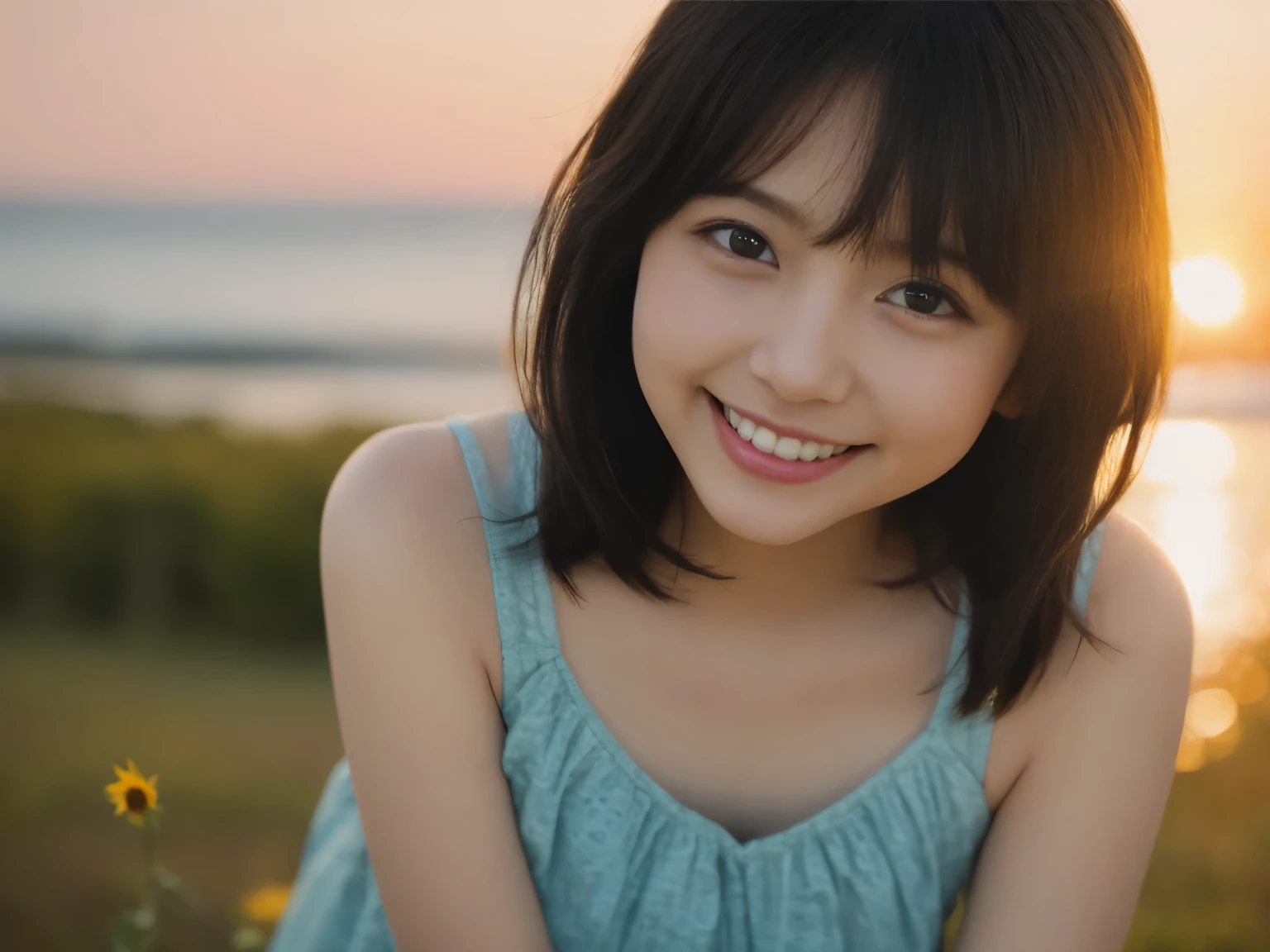 ((Only one girl))、(masterpiece)、((highest quality))、(Ultra-detailed)、((Very delicate and beautiful))、(((Unbelievably absurd)))、((Perfect body)))、((Black-haired＋shortcut))、{{{Maternal}}}、、Smile、camisole、big+background、sunflower、Dynamic Angle、Women in focus、{Particles of light}、綿密なbackground、((Paul Hedley)))、Soft lighting、sunset、オレンジ色のsunset、Smile、Live Action、Realistic、Looking into the camera、Top view、Cute Smile、backgroundがぼやけている.12 years old、Are thin、Beautiful Teeth