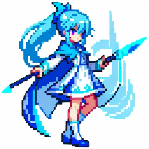 Pixel art, full body, facing left (important), bright blue and white, holding a large sickle in both hands, magical girl, long ponytail, ribbon, loose clothing, cloak. Hair color: Soft, pale blue hair. Eye color: pink eyes. Clothes: Clothes based on white and blue. She wears a blue cloak over a white shirt and blue miniskirt. Accessories: Blue flower decoration on the right side of the hair. Weapon: A sickle with blue and white decoration.