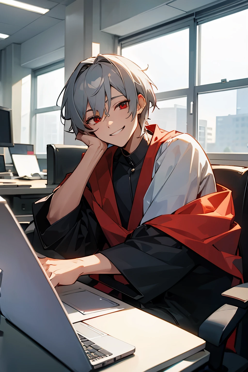 gray-haired red-eyed young smiling sitting at a laptop in the office he is alone in the photo and in a 