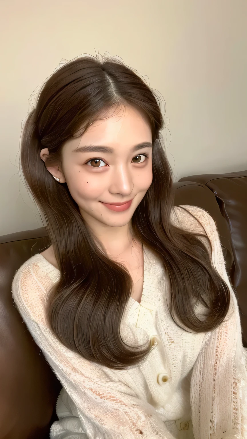 ((highest quality, 8k, masterpiece: 1.3)), 1 female, Japanese Idols,Sensual beauty: 1.3, (Hair style Brown hair Medium wave, big: 1.2), Nightwear: 1.1, Very friendly face, Delicate eyes, double eyelid, Dimples,Mole, Sit on the sofa,relax,smile,Plump body,mole,Cowboy shot from above,
