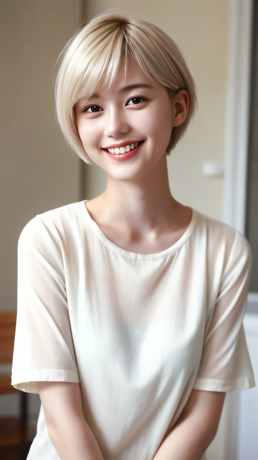 225 Short Hair, 20-year-old woman, A kind smile, (Light-colored short-sleeved clothing)