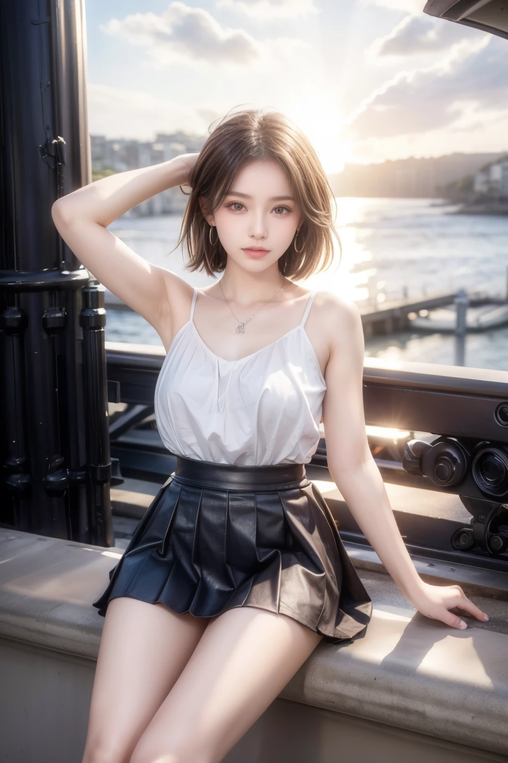 (highest quality, High resolution, masterpiece :1.3), (Shooting from below), Beautiful girl, Orange sunset sky, Sun and clouds with ocean in the background, Cute girl in . Short Bob. Short pleated skirt, Blushing, looking at the camera, Dynamic photography,Intelligent face,Bold Pose.Sitting on the embankment,arms up behind,Large firm breasts,necklace,Earrings,No makeup