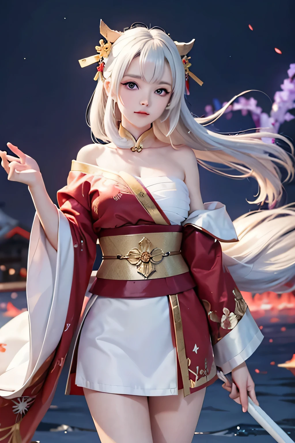 (masterpiece, best quality, dutch angle)(1girl, solo)(white hair, red eyes)(sarashi,japanese clothes,off shoulder,one shoulder、Wear one kimono:1.4、One shoulder exposed)(Serious expression, Woman holding a sword:1.3、floating hair)(In front of the samurai residence、Mystical Night、Particles of light float around the woman、Space for fantasy)