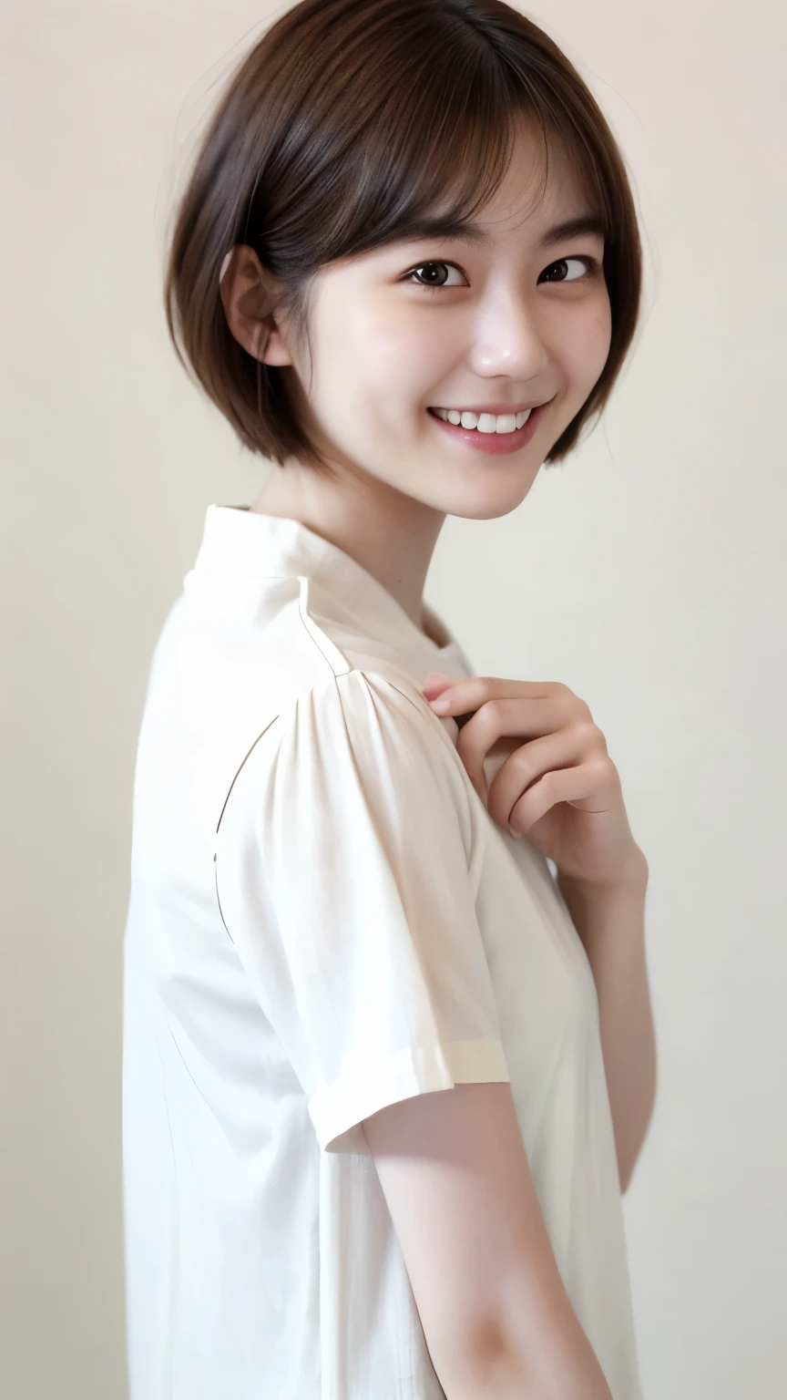 225 Short Hair, 20-year-old woman, A kind smile, (Light-colored short-sleeved clothing)