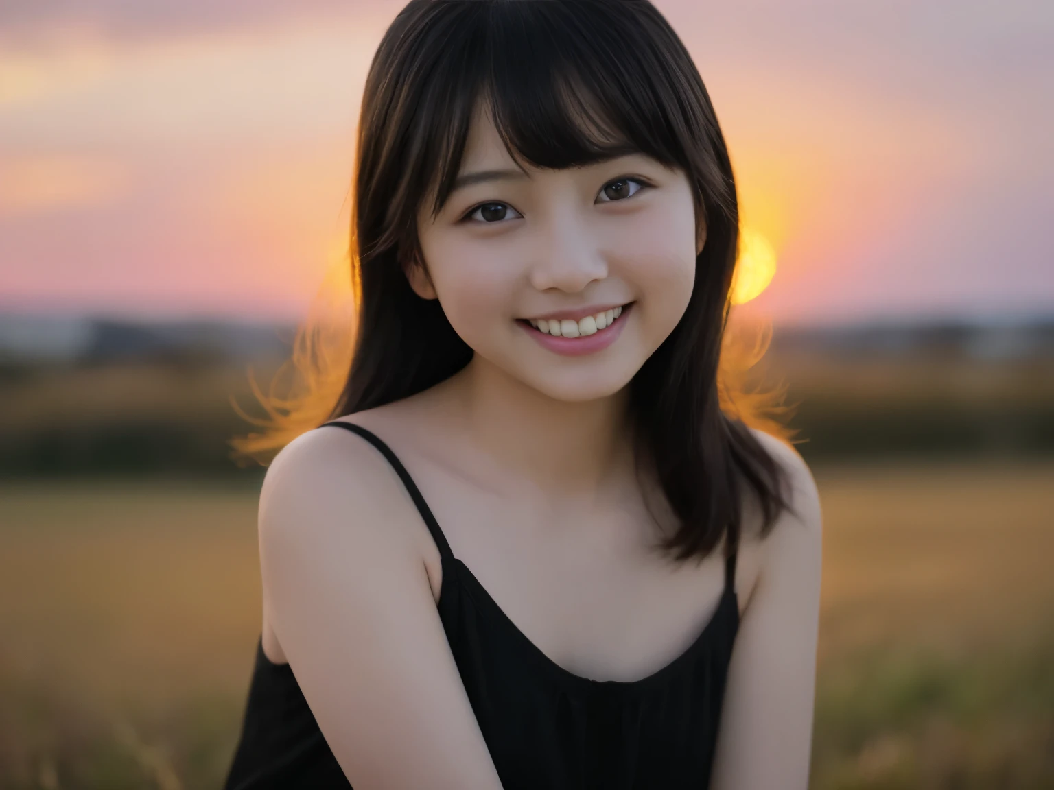((Only one girl))、(masterpiece)、((highest quality))、(Ultra-detailed)、((Very delicate and beautiful))、(((Unbelievably absurd)))、((Perfect body)))、((Black-haired+shortcut))、{{{Maternal}}}、、Smile、camisole、big+background、sunflower、Dynamic Angle、Women in focus、{Particles of light}、綿密なbackground、((Paul Hedley)))、Soft lighting、sunset、オレンジ色のsunset、Smile、Live Action、Realistic、Looking into the camera、Top view、Cute Smile、backgroundがぼやけている.12 years old、Are thin、Beautiful Teeth