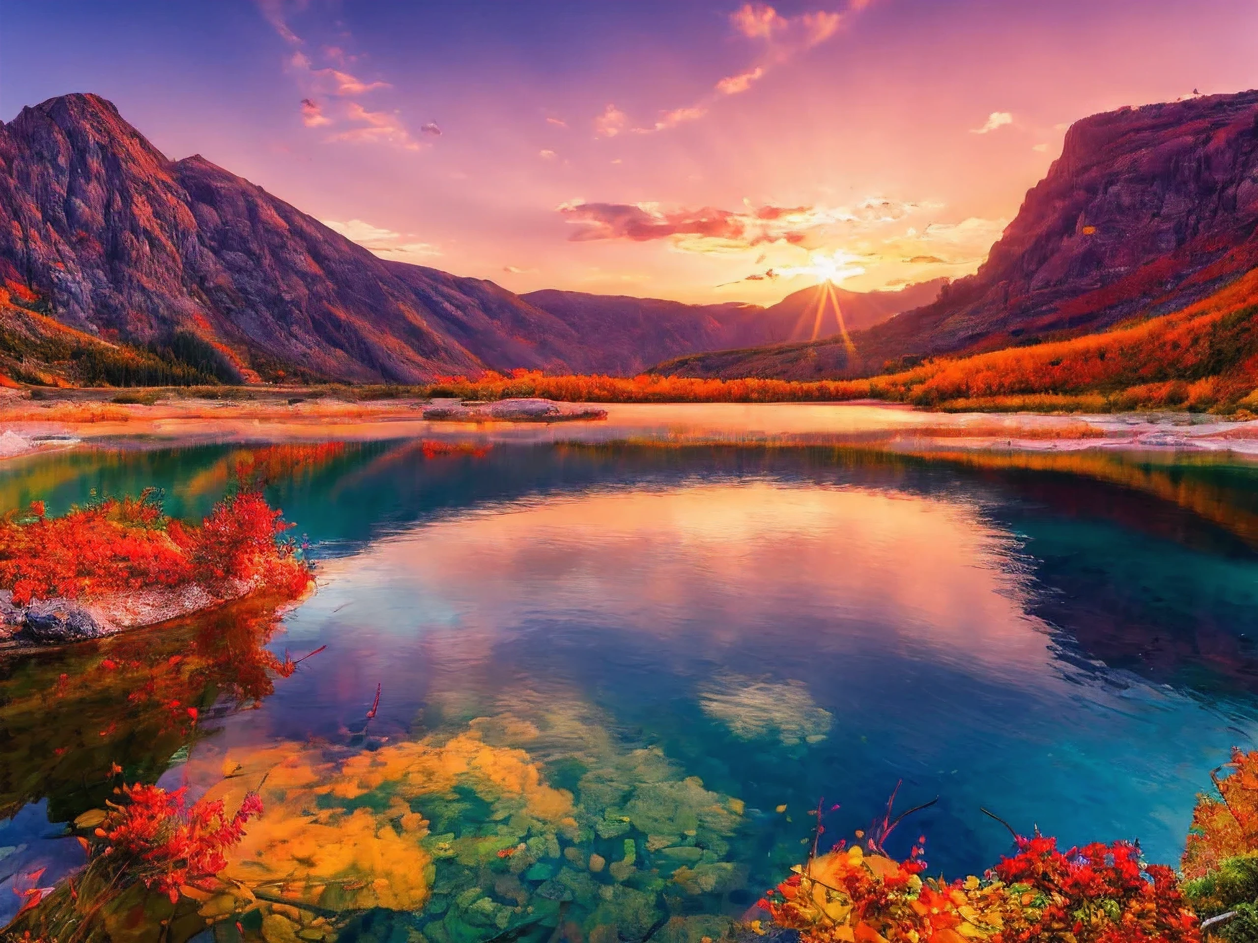 sunset，Alafud boats on the shore of a mountain lake, autumn calm, beautiful lake, Warm and beautiful scene, Magnificent natural scenery, Stunning colors, Wallpaper with nature, Colorful and whimsical landscape, Red Lake, Beautiful nature, осенний sunset, epic beautiful landscapes, Immerse yourself in nature, landscape beautiful, beautiful lake background, Stunning nature in the background, Colors are bright and rich in a hyper-realistic landscape, In photorealistic colors, 4k, cinema lighting, natural light, Attention to detail, Photorealistic, Photorealisticistic, volumetric lighting and shading, 4k HD matte digital painting, Stunning 8K images