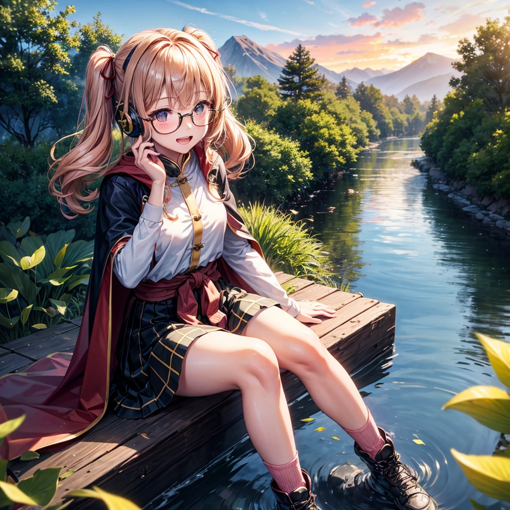 Pink gold golden hair、Golden Eyes、One good looking girl、Twin tails、solo、anime、Checkered mini skirt、The skirt has buttons、Red T-shirt、China、Cape、Black knee-high socks、Wearing headphones、Wearing a ribbon、Ribbon on waist、Tilting face、Teeth are visible、Sunset sky、Water Mountain、Piercing the clouds、Contrail、Glasses、tree、Sitting、Touching your face、lotus leaves、canal、Cumulonimbus