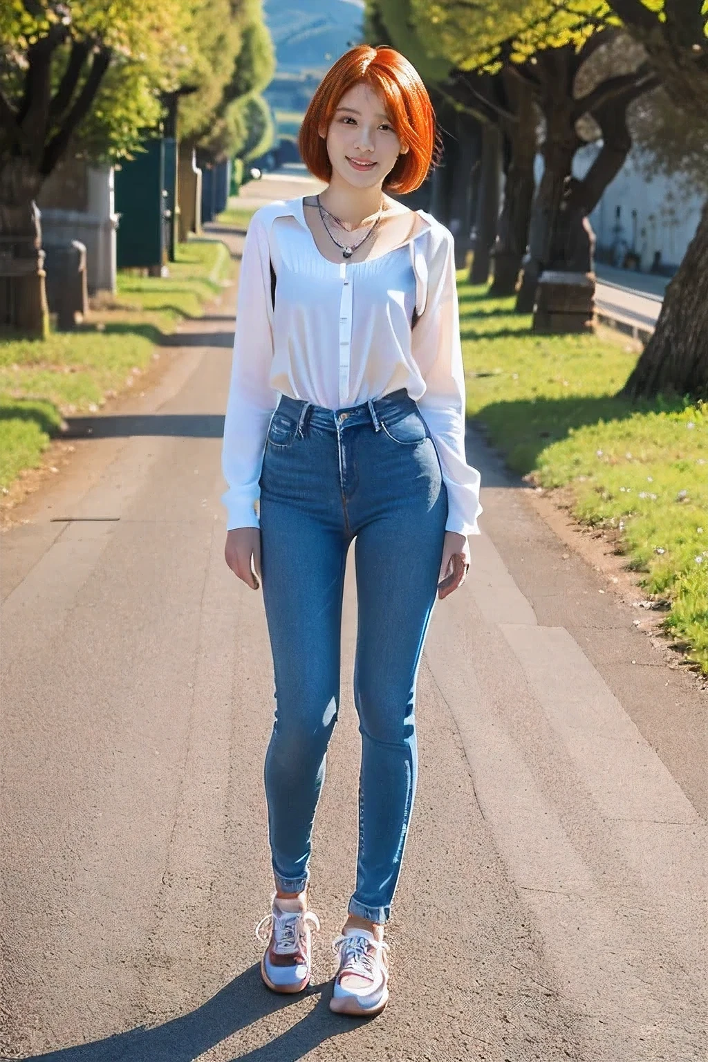 ((18 year old girl))、(highest quality、Tabletop、8k、Best image quality、Award-winning works)、1. Beautiful 、(Polyester collared long sleeve shirt:1.1)、(Slim denim:1.5)、(Standing Elegantly:1.1)、(Full body photo from head to foot:1.5)、(Long legs:1.3)、The most detailed and perfect face、Big pretty eyes、Double eyelids、Long eyelashes、Realistic, ((Realistic natural orange red hairstyle, Realistic blue eyes)), ( Short Bob Hair:1.5), (necklace:1.5)、(Bare feet and sneakers:1.2)、Big Breasts、Accentuate your body lines、(A gentle cute smile:1.5)、Rural mountain surrounded by strongly blurred nature々Background of a narrow school road、Brightly lit face、Ultra-high definition beauty face、Ultra high resolution perfect beautiful teeth、Ultra HD Hair、(Beautiful skin that stands out in ultra-high resolution:1.1)、Ultra-high quality glossy lips、(very bright and vivid:1.1)、(Accurate anatomy:1.1)