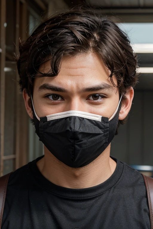 Make a half png image adult boy wearing mask anime cartoon character small eyes curly hear plane background looks like educated not looking like humans