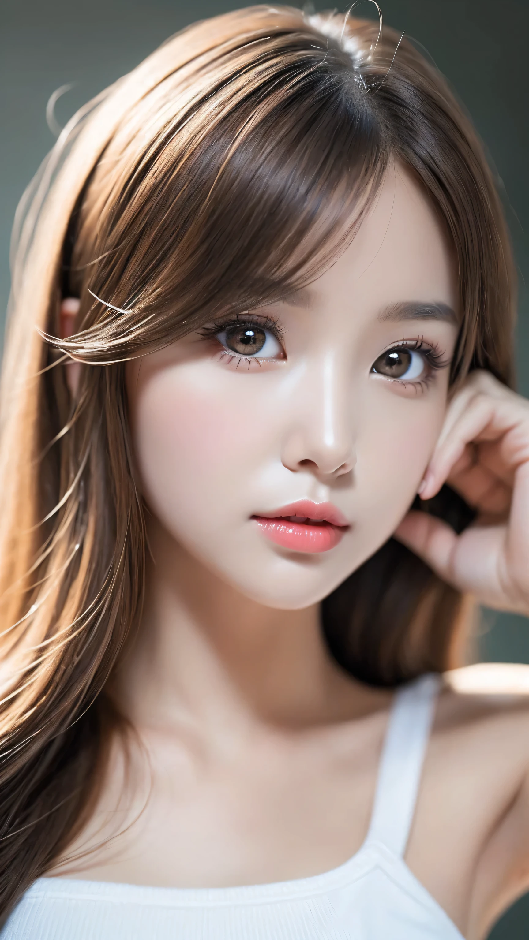 (the most absurd quality perfect eyes), ((natural super beautiful cute sharp-face)), (light pale complexion), ((clear no blur and sharp perfect round realistic brown_eyes:1.25)super detail), finely detailed pupils, detailed lips:1.3, [pink_lipstick:1.3]