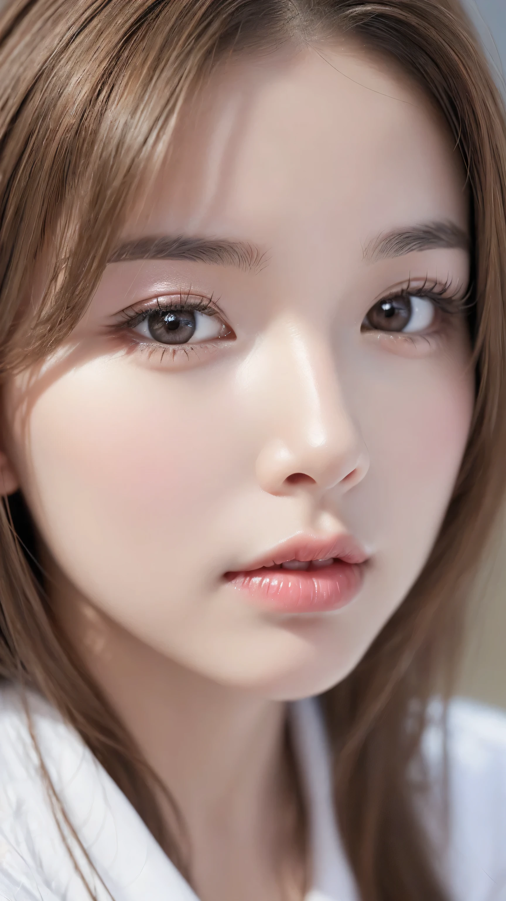 (the most absurd quality perfect eyes), ((natural super beautiful cute sharp-face)), (light pale complexion), ((clear no blur and sharp perfect round realistic brown_eyes:1.25)super detail), finely detailed pupils, detailed lips:1.3, [pink_lipstick:1.3]